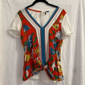 Anthropologie Red and White Floral V-Neck Blouse